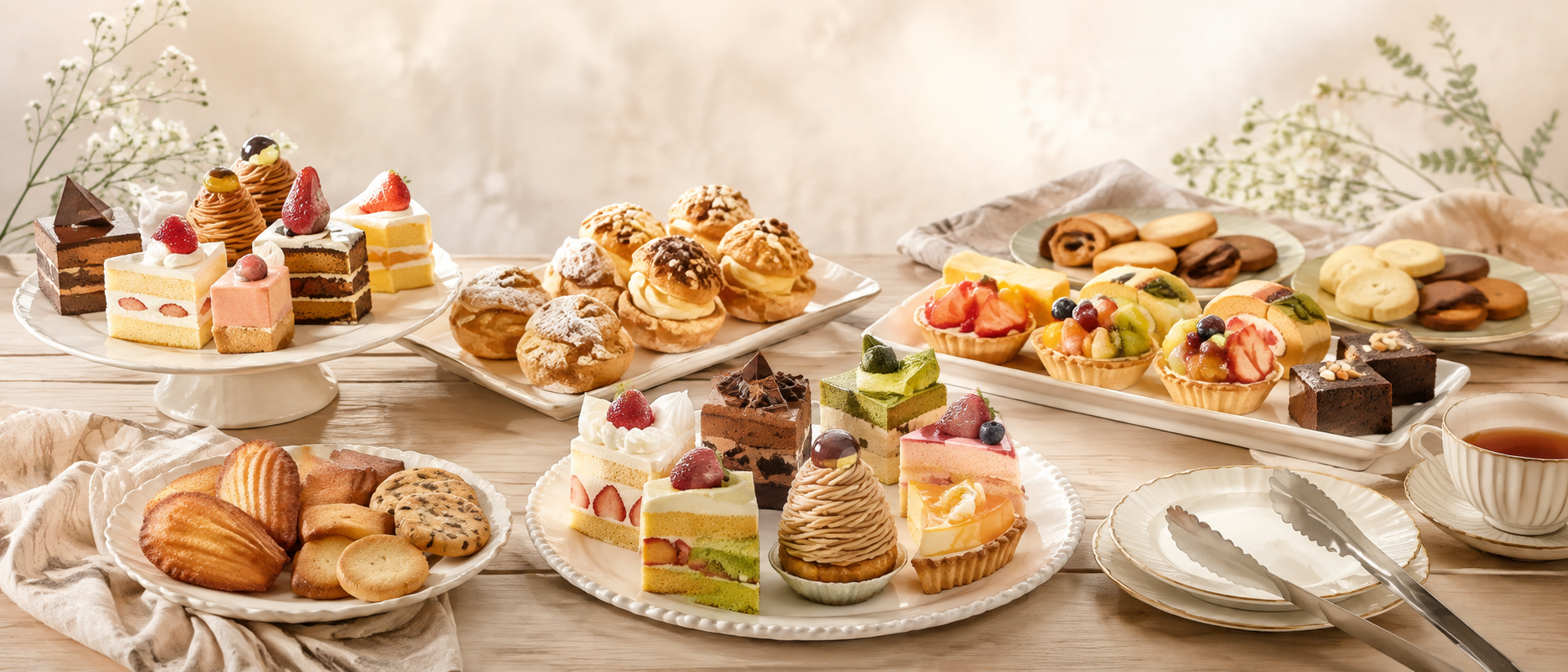 シャトレーゼのスイーツ食べ放題をイメージさせる、テーブルに並んだ色とりどりのケーキや焼き菓子の静物写真