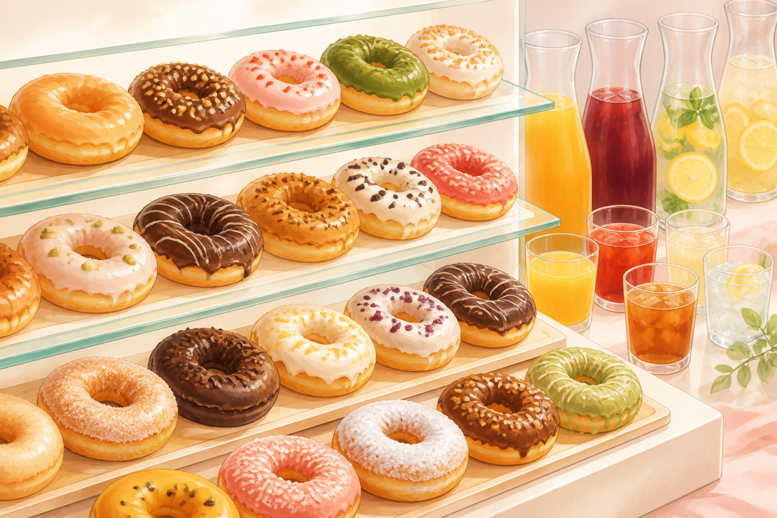 ショーケースに並んだ多種多様なドーナツとビュッフェのドリンク