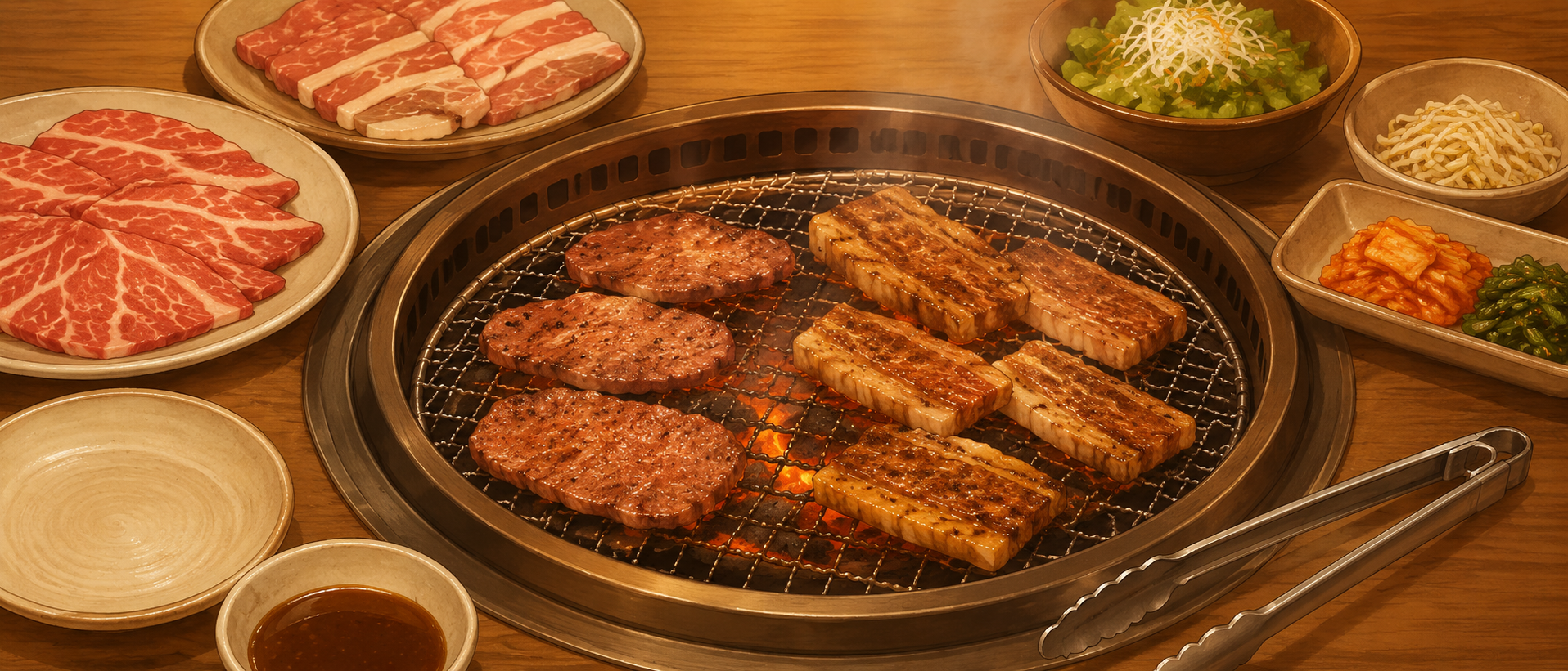 池袋の焼肉食べ放題で提供される網の上の肉とトング、焦げ目のついたロースやカルビの静物