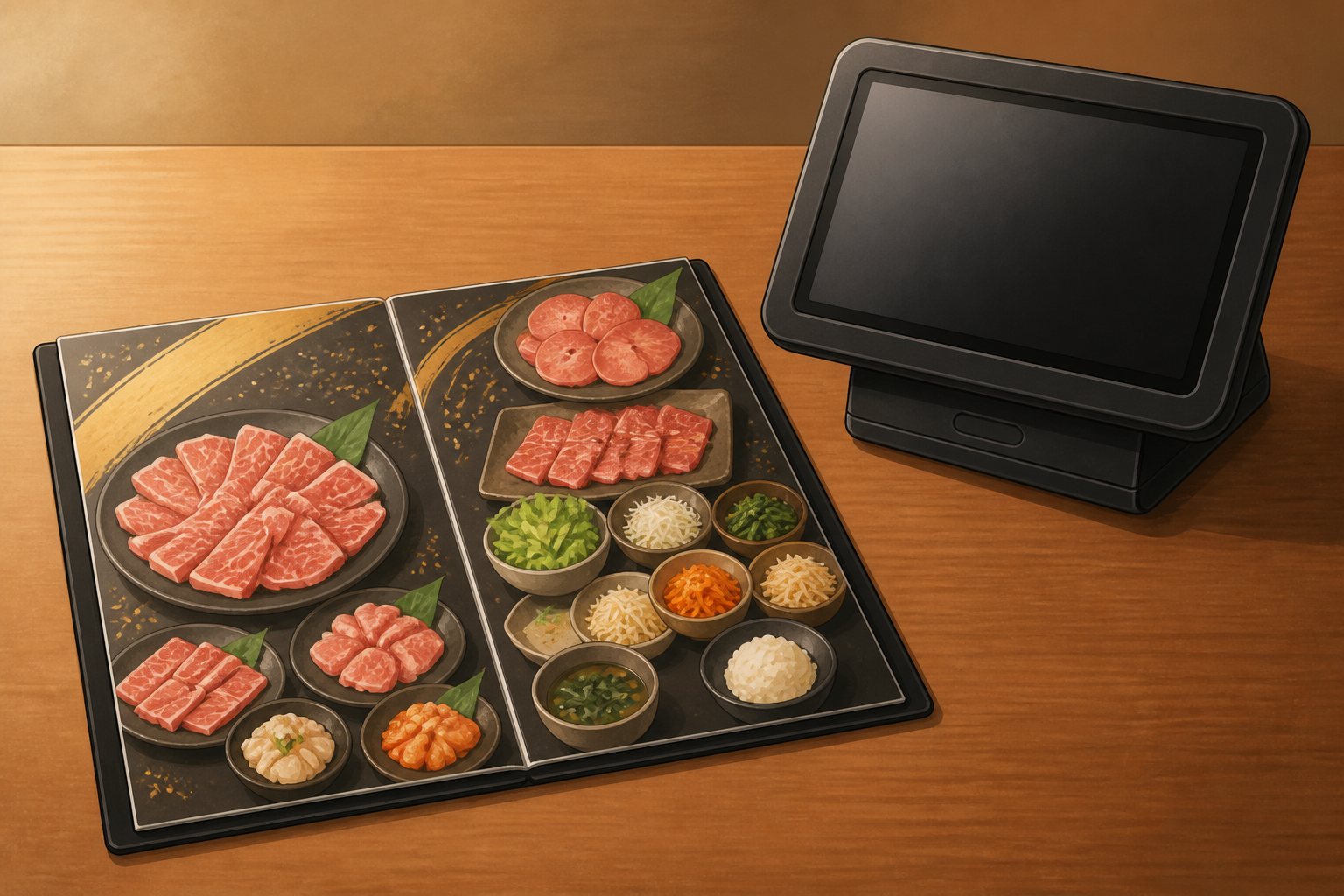 テーブルに置かれた焼肉食べ放題のメニュー表と注文用タッチパネル端末の静物