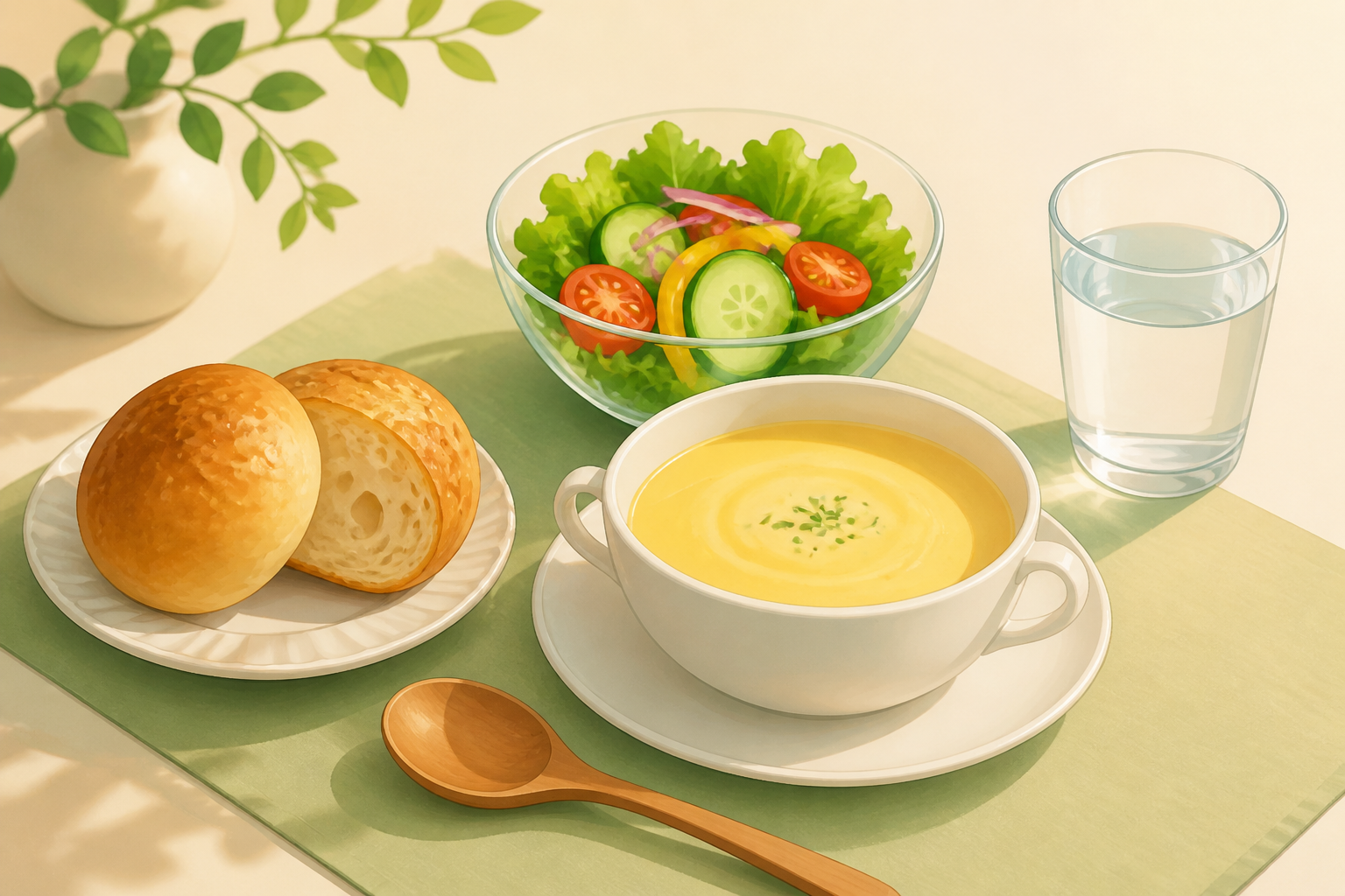 一般的なスープ、サラダ、パン、無地の飲み物を配置した食事セットの静物