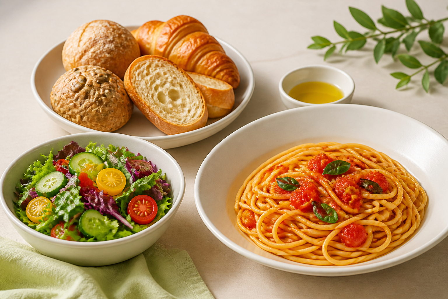 一般的なパスタ、複数種類のパン、サラダを無地の器に配置したランチの静物