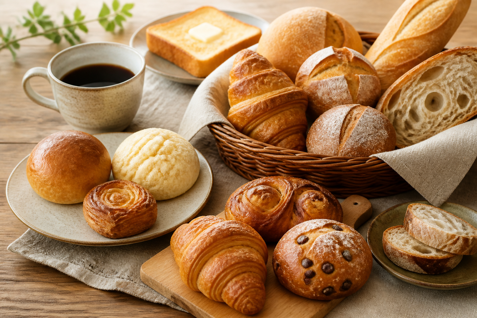 美味しそうな焼きたてのパン各種とコーヒーがテーブルに並ぶ満足感のある食事風景