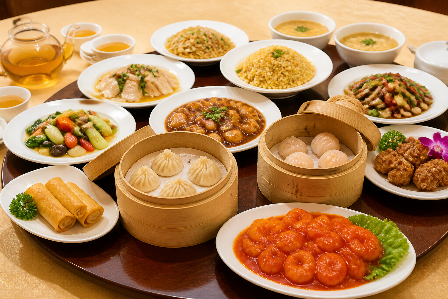 円卓を囲んで中華料理の小籠包やエビチリを愉しむ食事風景