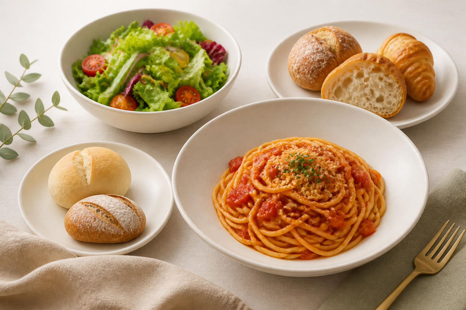 パスタ、パン、サラダを白い食器に盛り付けた汎用イメージ。実際のメニューや店舗の案内板ではない（AI生成）