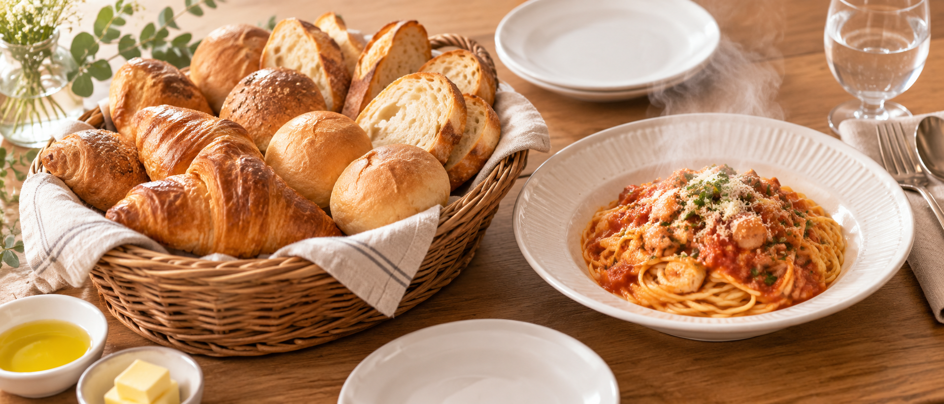 パンのかごとパスタ、バターや調味料を並べた食卓の静物（AI生成）