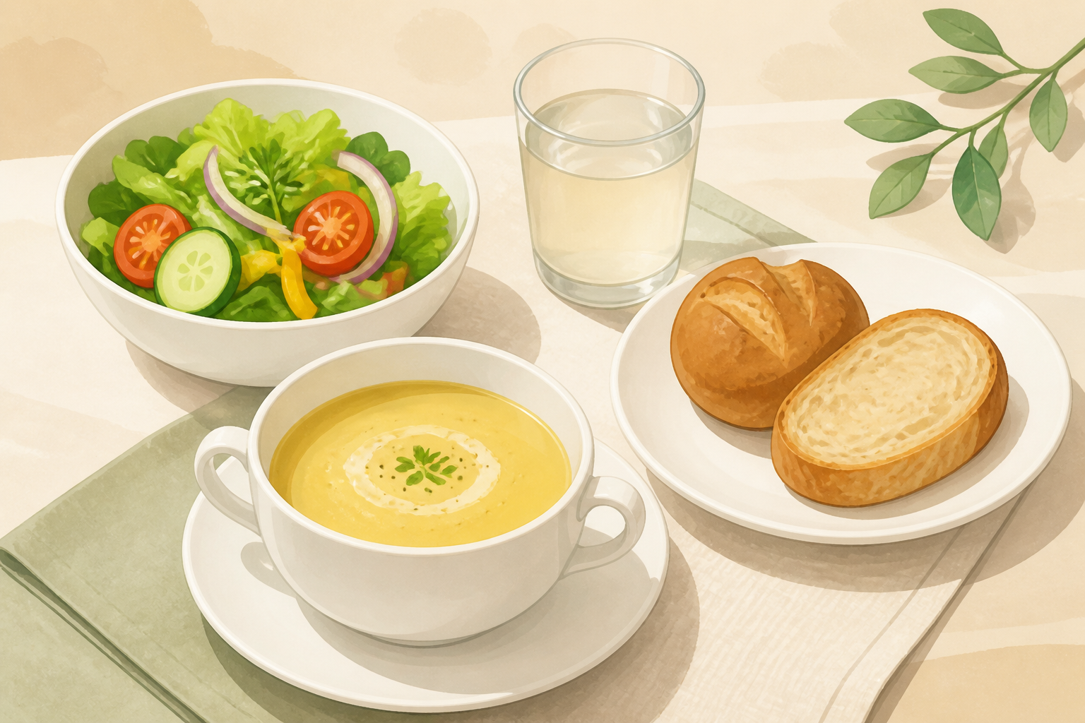スープとサラダ、丸いパンと水を並べた水彩の食卓（AI生成）