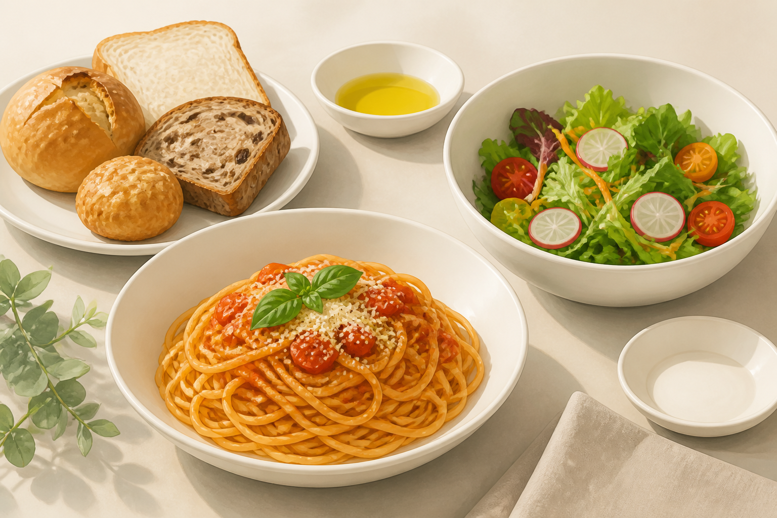 パスタとパン、サラダを並べた水彩の食卓（AI生成）