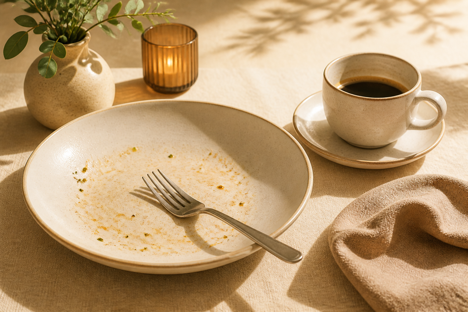 食後の皿とフォーク、コーヒーとろうそくを並べた静物（AI生成）
