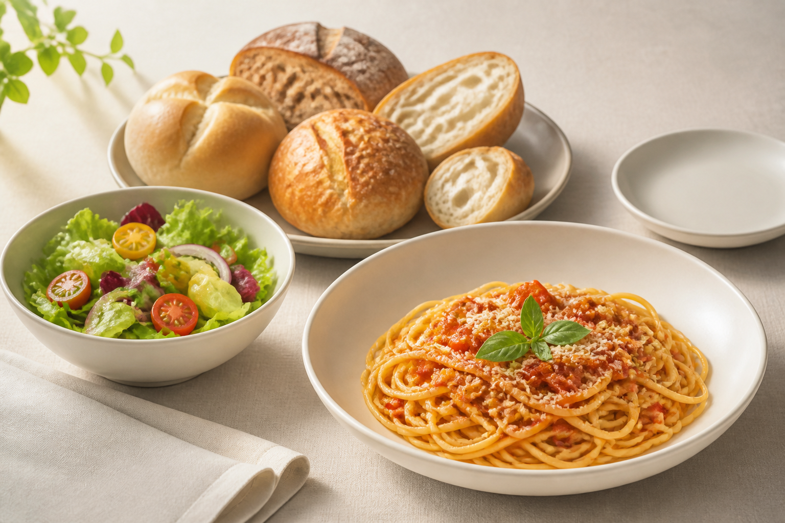 パスタとパン、サラダを並べた食卓の静物（AI生成）