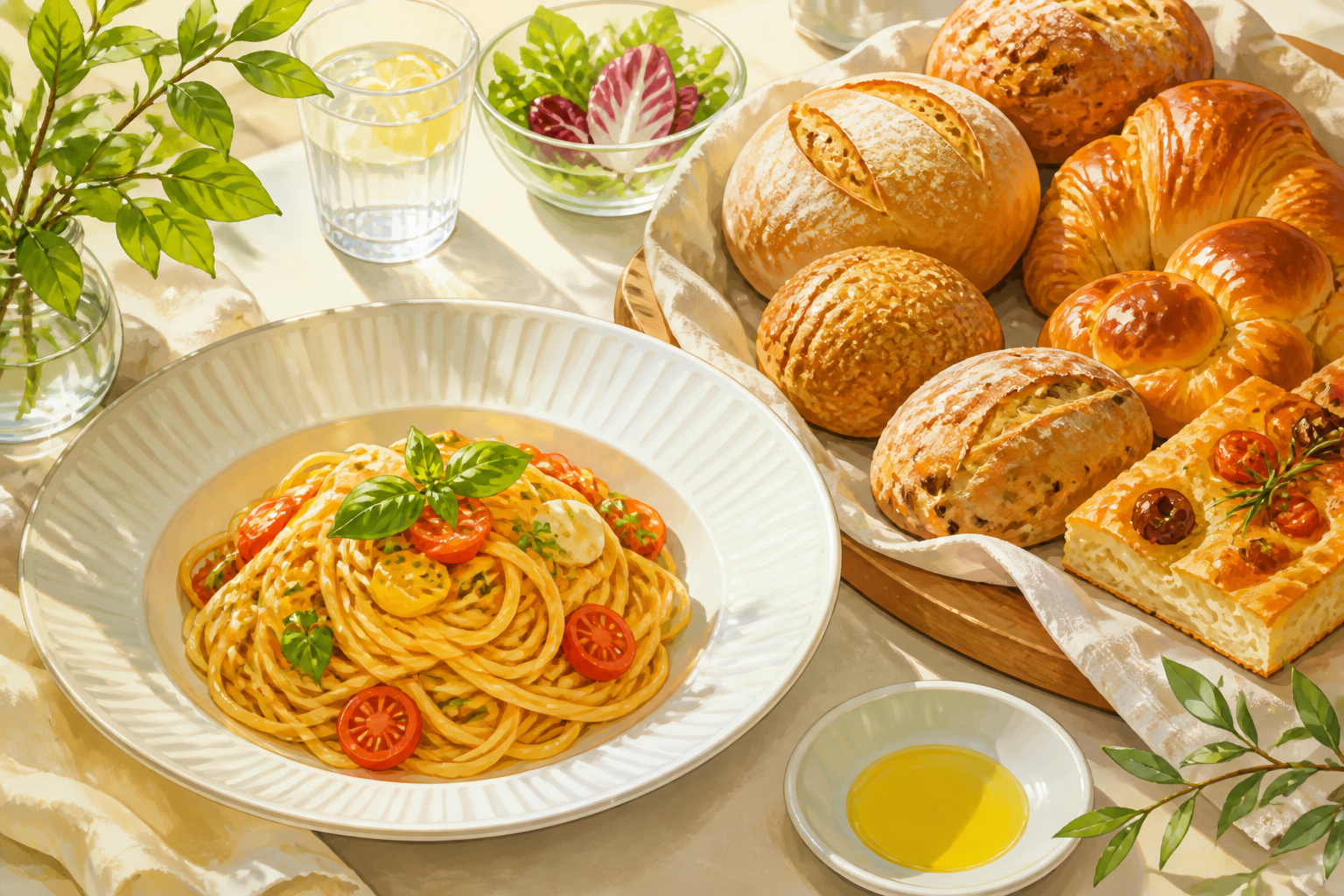 パスタと数種類のパン、サラダと水を並べた水彩の食卓（AI生成）