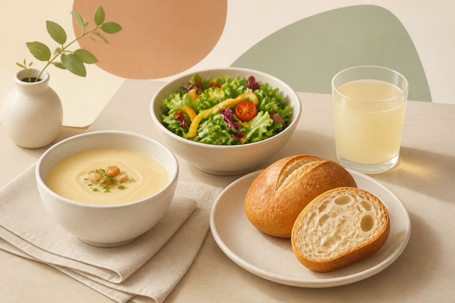 スープ、サラダ、丸いパンと無地の飲み物を並べた食事セットの静物（AI生成）
