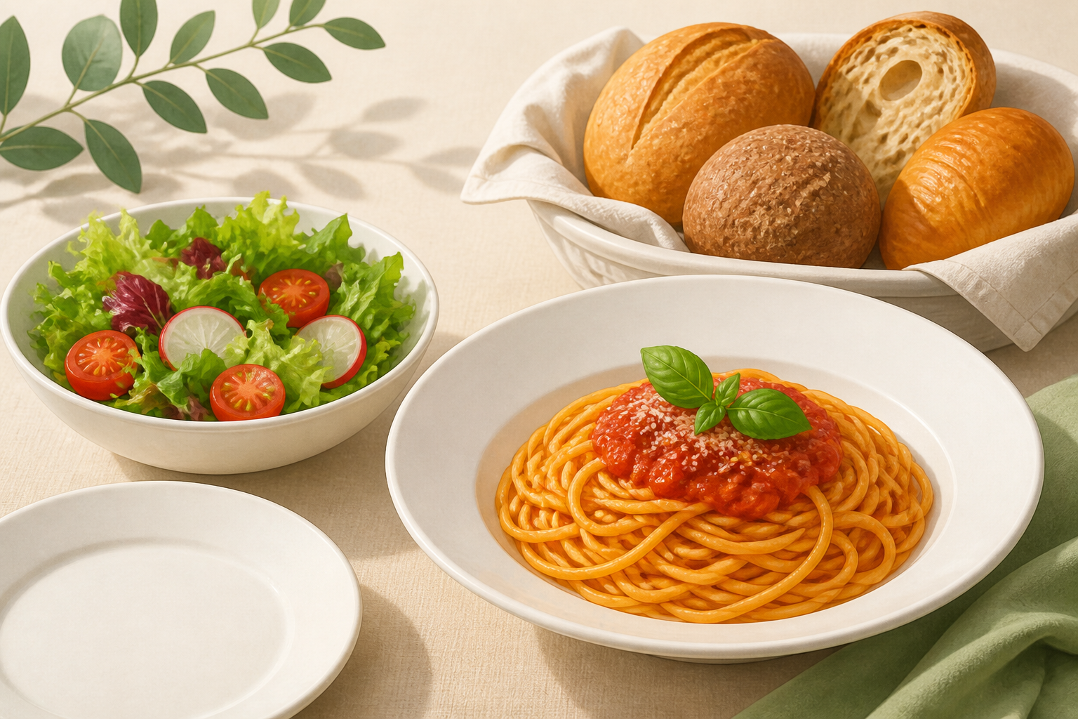 トマトソースのパスタ・パンのバスケット・サラダを並べた汎用イメージ。実店舗のメニュー表ではない（AI生成）