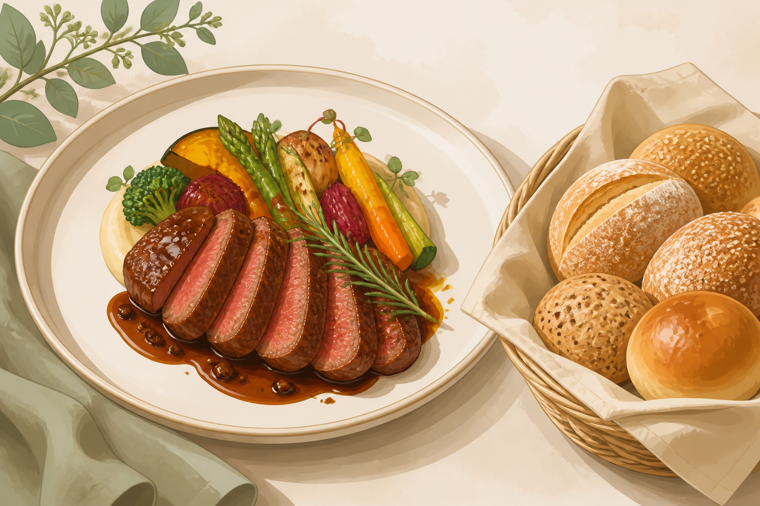 肉料理と野菜・パンを並べた汎用の食事イメージ。実店舗の商品写真ではない（AI生成）