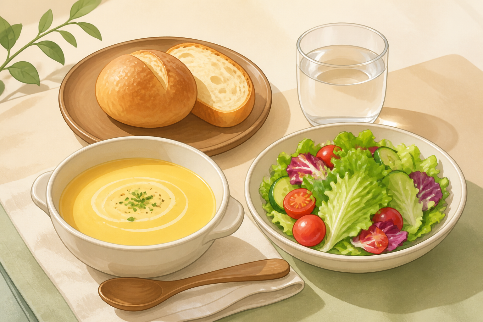 スープ、サラダ、丸いパンと水を並べた食事のイラスト（AI生成）