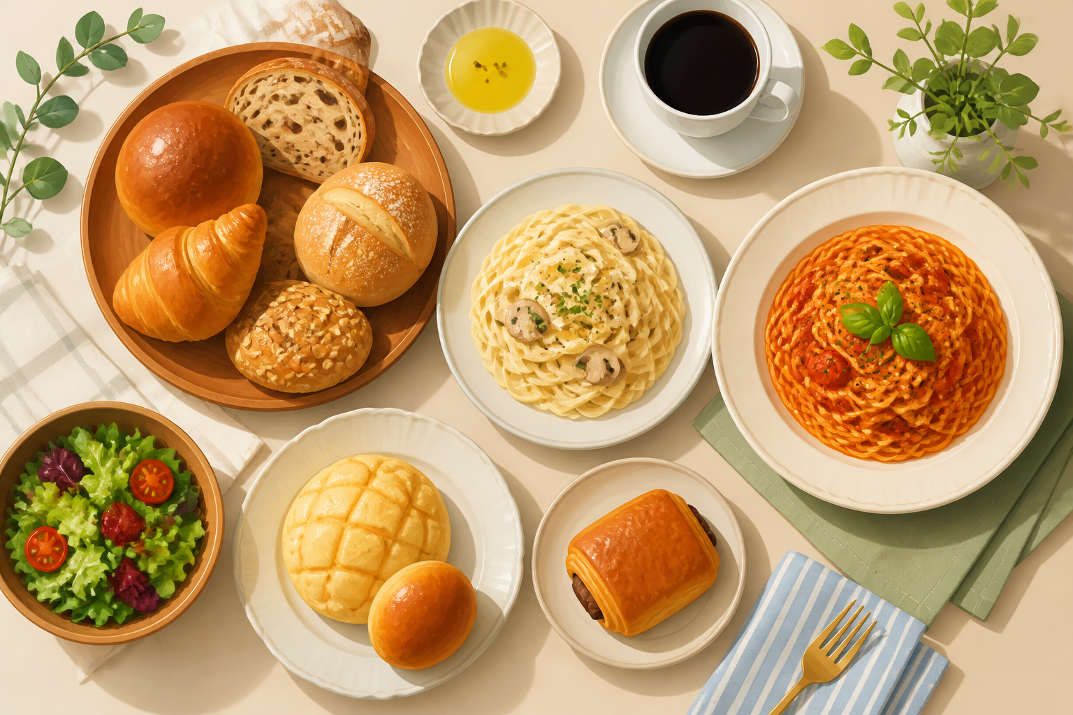 パン・パスタ・サラダ・コーヒーを並べた汎用の食事イメージ。実店舗の商品写真ではない（AI生成）