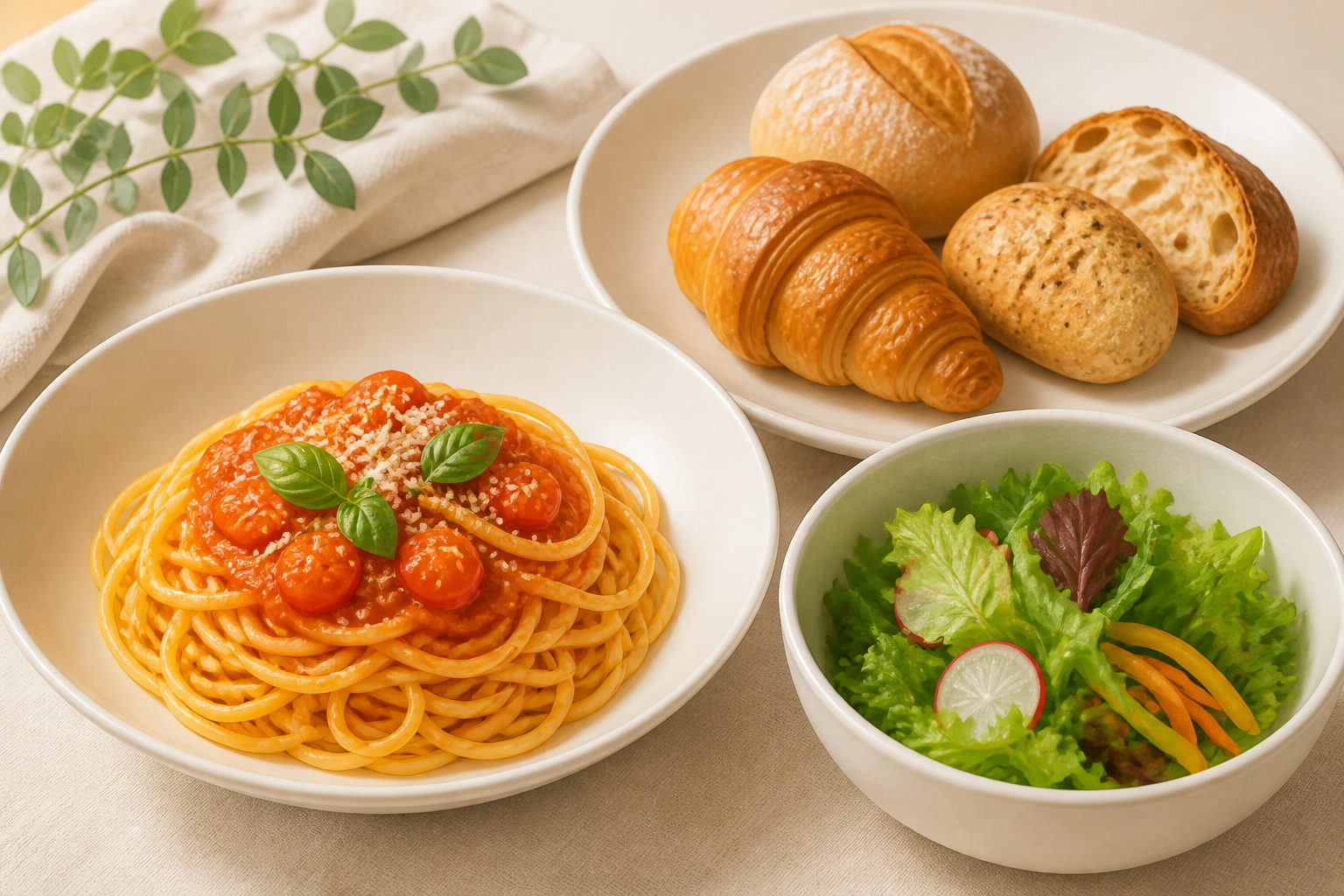 パスタとパン、サラダを並べた食卓のイラスト（AI生成）