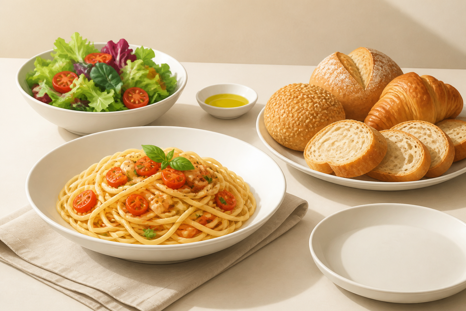 パスタ、パン、サラダを並べた食事のイメージ(AI生成)