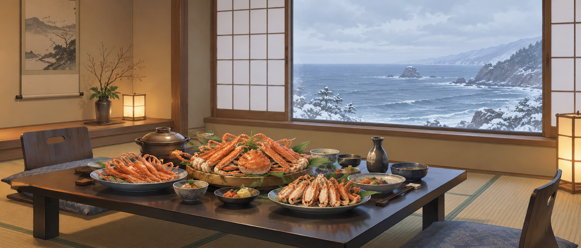 雪景色の海を望む和室とカニ料理を描いた温泉旅行の汎用イメージ（AI生成）