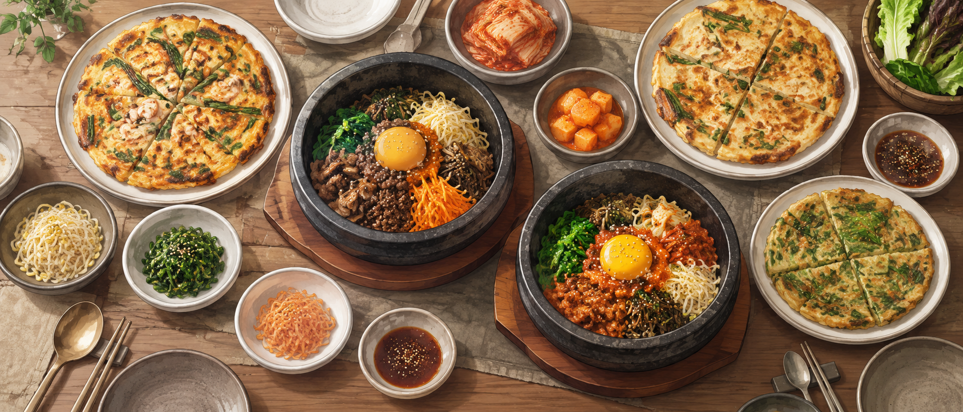 ビビンバ、チヂミ、キムチなどを並べた韓国料理の食卓（AI生成）