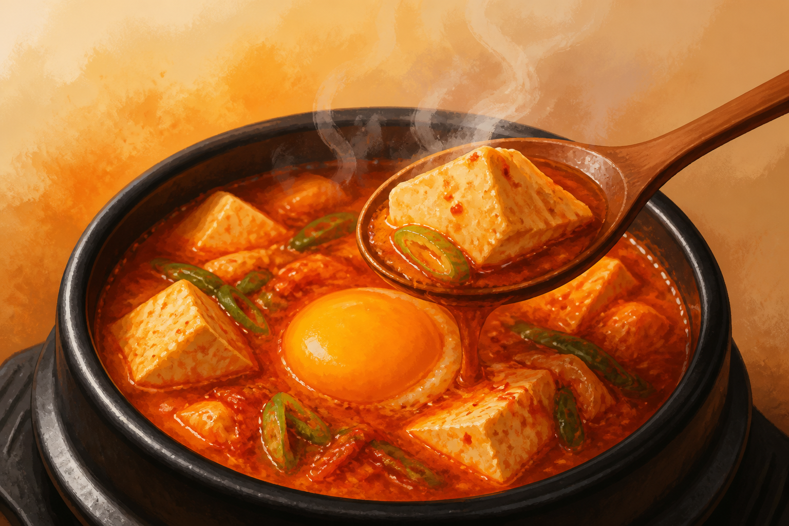豆腐入りのチゲと木のスプーンを描いた料理イメージ（AI生成）