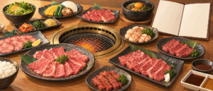 焼肉用の肉、野菜、ご飯、無地の冊子を卓上の焼き網の周りに並べた汎用イラスト（AI生成）