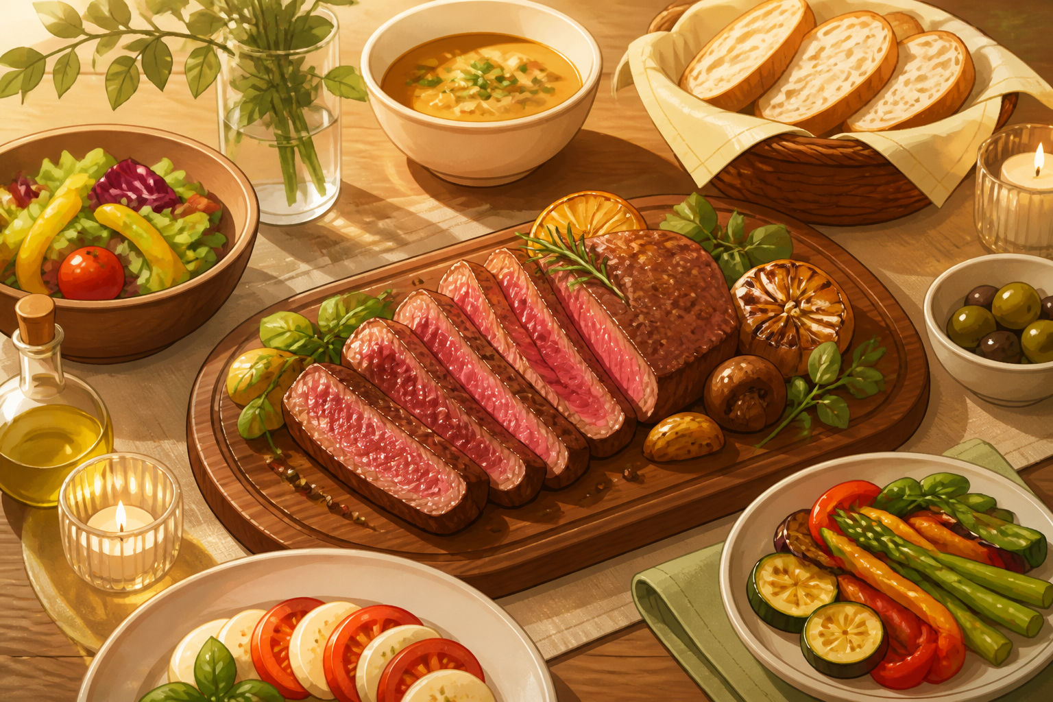 焼いた肉とパン、サラダ、スープをテーブルに並べた食事の汎用イラスト(AI生成)