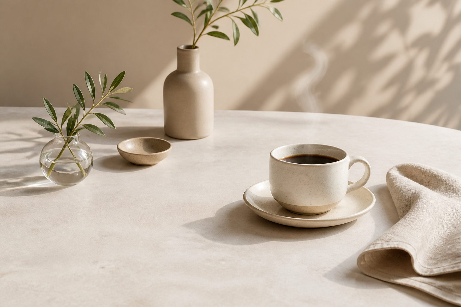 コーヒーカップと布・植物を並べた汎用イメージ。実店舗で撮影した写真ではない（AI生成）