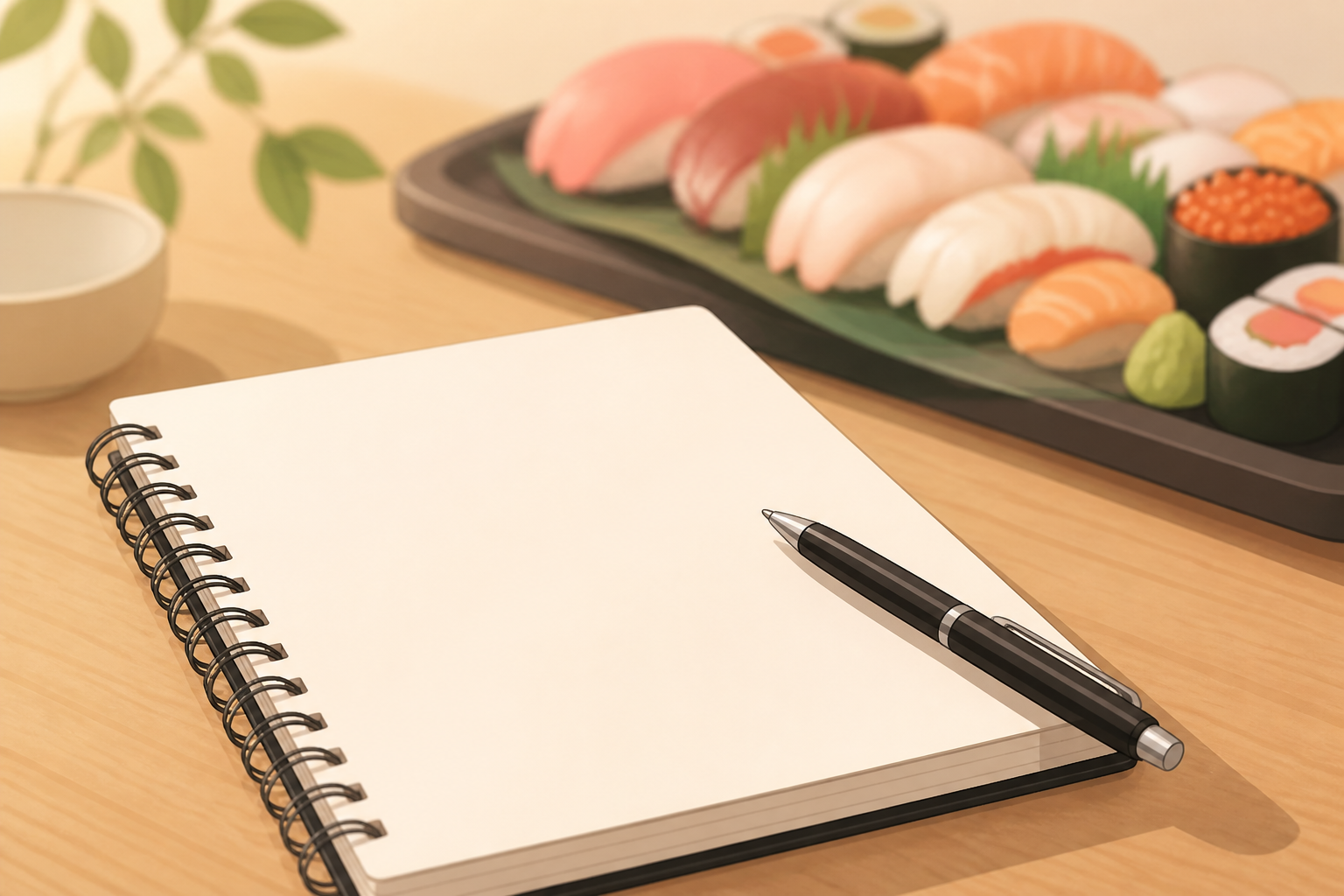 白いノートとペンを手前に置き、寿司の皿を背景にした汎用イラスト(AI生成)