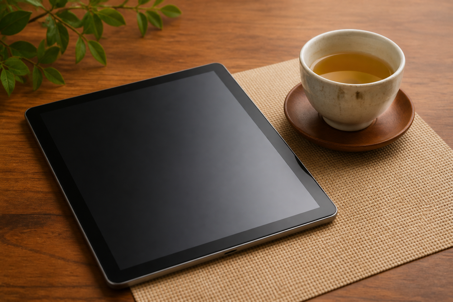 表示のないタブレットと湯飲みを置いた予約準備の汎用イメージ(AI生成)