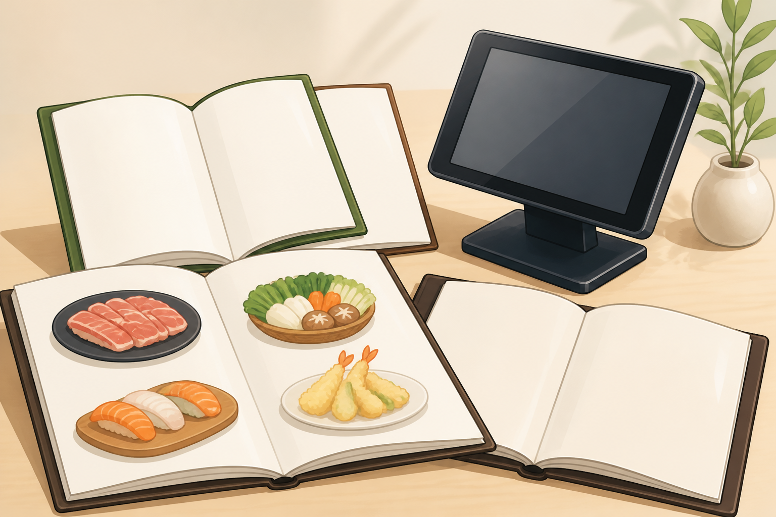 食べ放題の料理を描いたメニューと注文端末の汎用イメージ（AI生成）