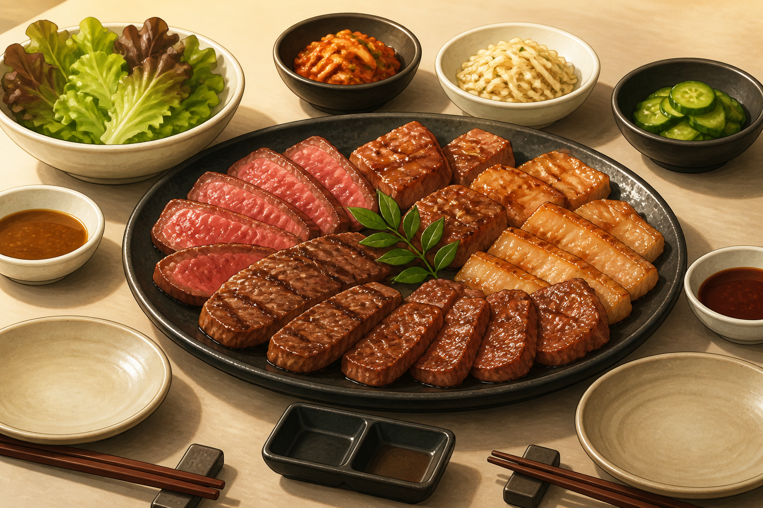 焼肉用の肉、焼いた肉と副菜の汎用イメージ（AI生成）