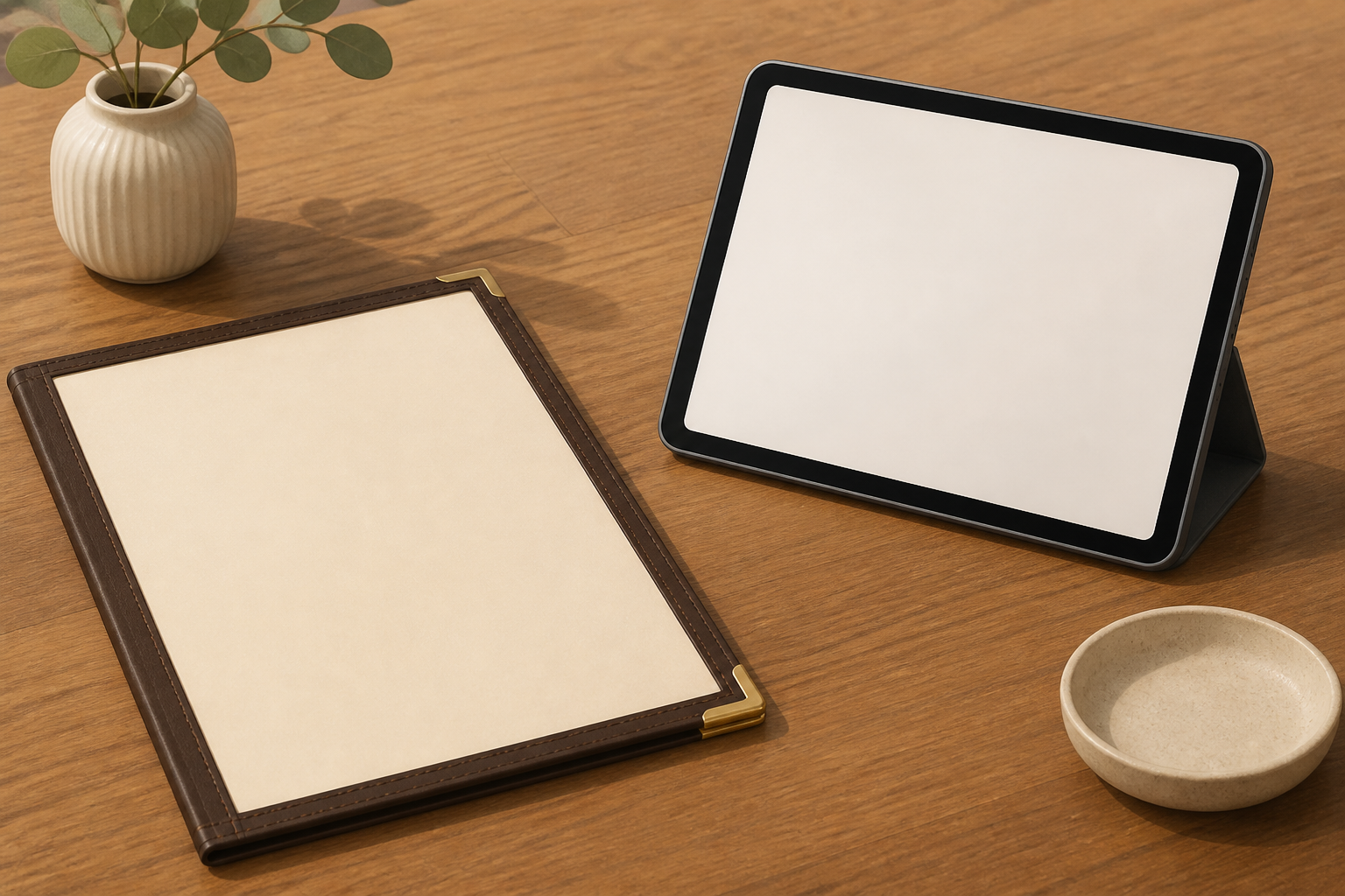 文字のないタブレットとメニュー台を木製テーブルに並べた汎用イメージ(AI生成)
