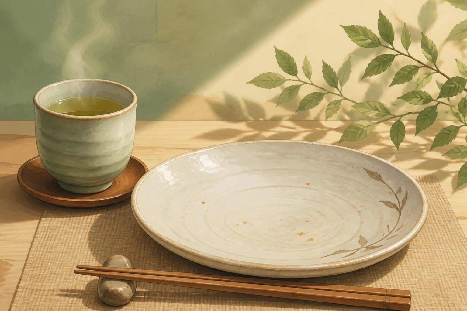 茶器と空の皿、箸を並べた食後の汎用イラスト(AI生成)