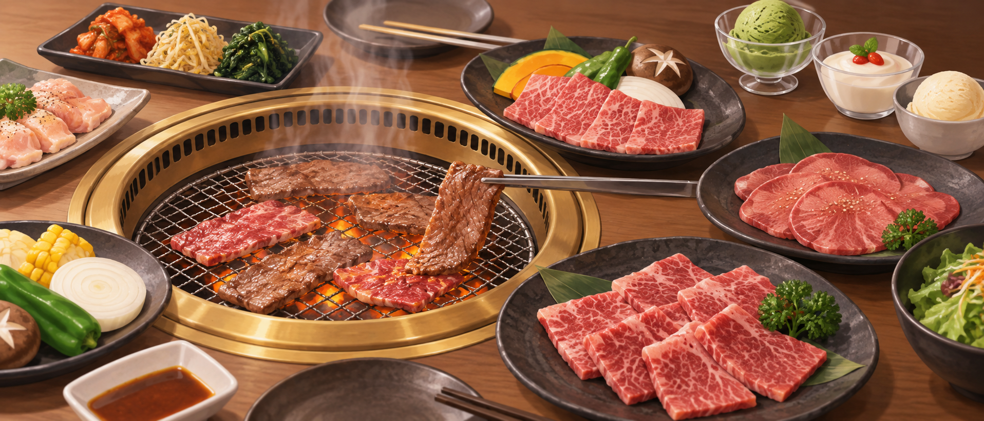焼肉用の肉・野菜とアイスなどを並べた汎用イメージ（実店舗の商品写真ではありません）（AI生成）
