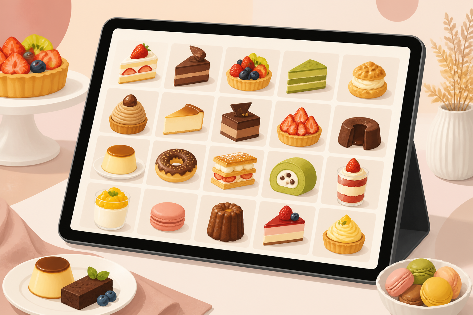 さまざまな菓子の絵を表示したタブレットの汎用イラスト（実際の注文画面や対象メニューではありません）（AI生成）