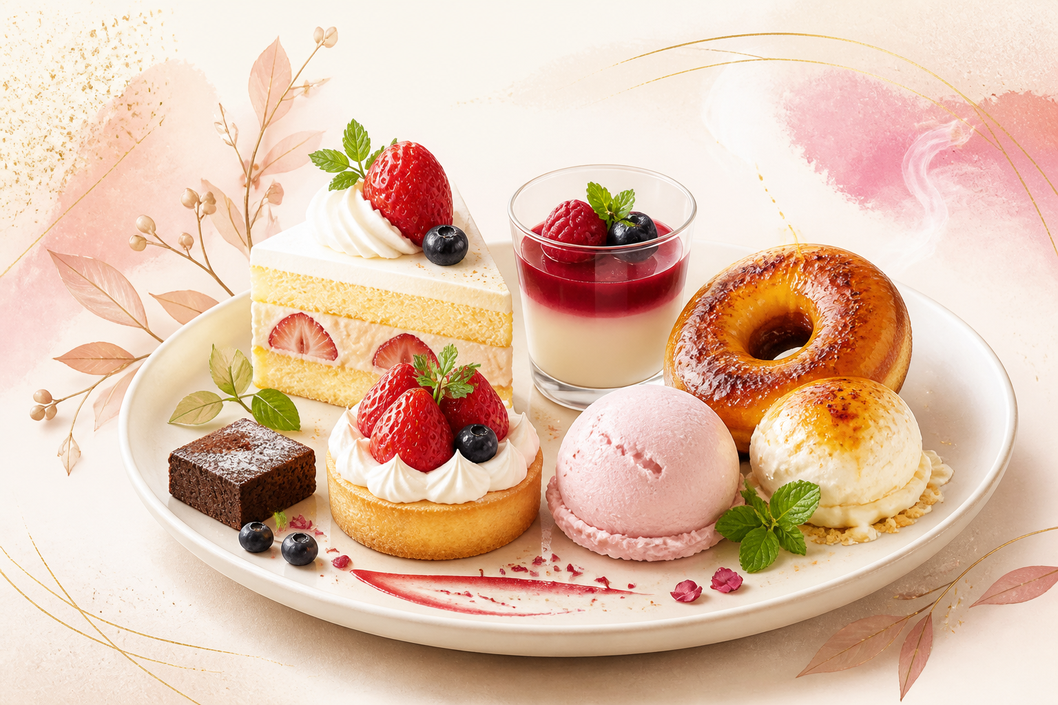 ケーキ・ドーナツ・アイスなどの汎用イメージ（実際の食べ放題対象商品の再現ではありません）（AI生成）