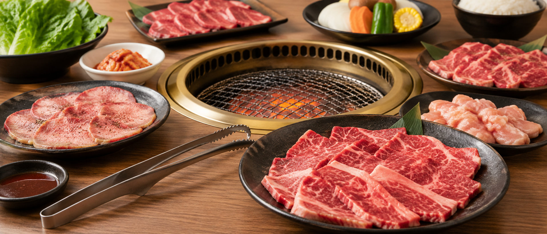 焼肉用の肉と野菜、白いご飯、空の焼き網とトングを並べた汎用イメージ（実際の学割メニュー写真ではありません）（AI生成）