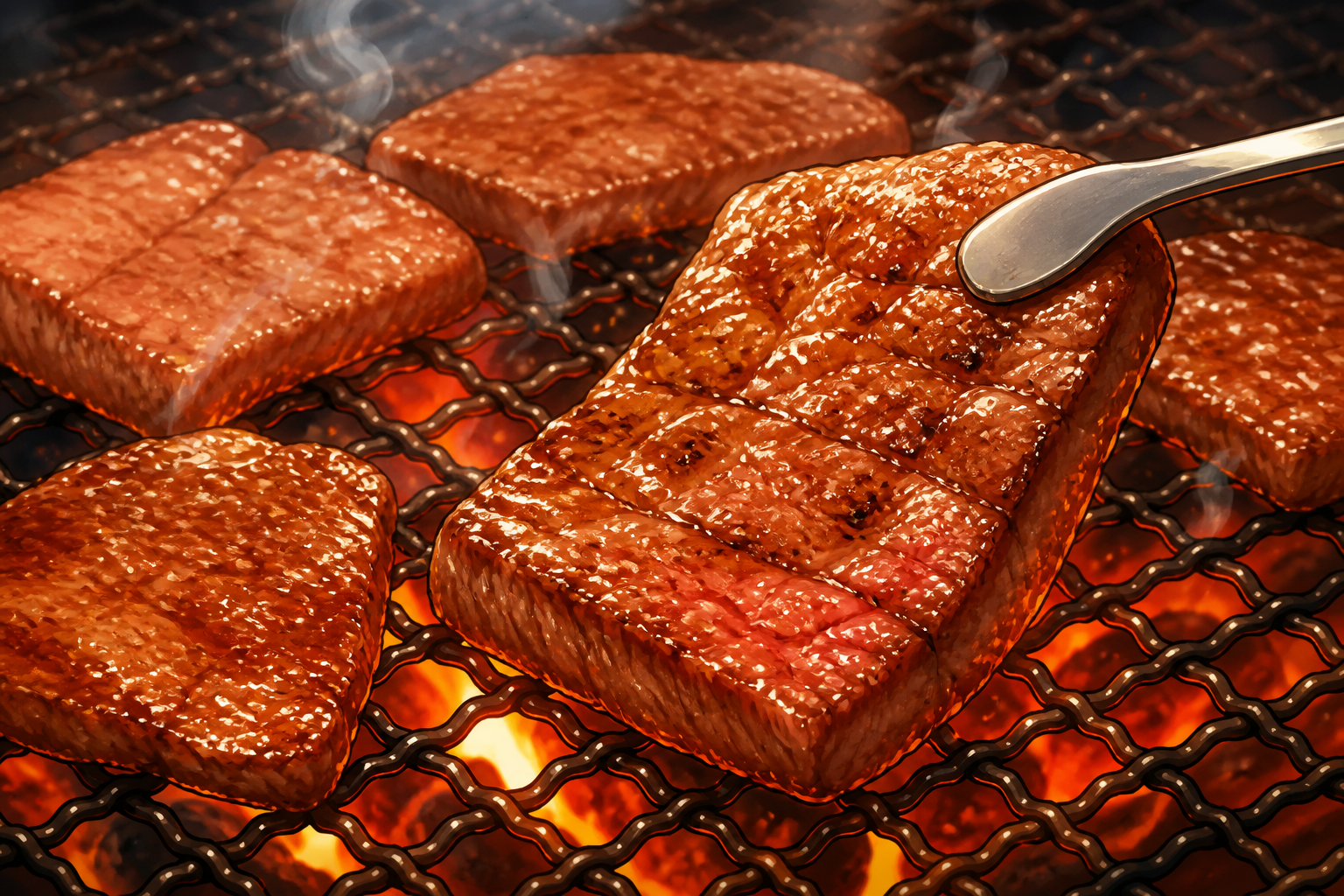 トングを添えた焼肉の汎用イメージ（特定店舗の料理写真ではありません）（AI生成）