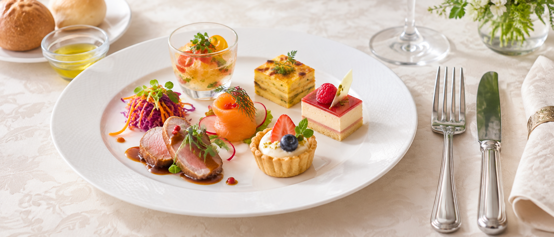 彩り豊かな各種の料理やデザートが少しずつ盛り付けられた白いプレートと、カトラリーがセットされたテーブルクロスの上の様子