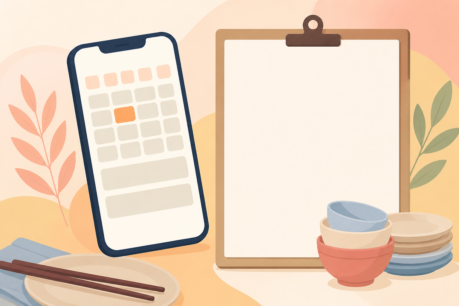 文字のないスマートフォンとクリップボード、食器を描いた汎用イラスト。実際の予約画面や利用規則ではない（AI生成）