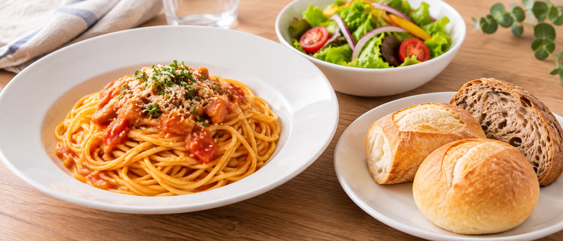 一般的なパスタ、複数種類のパン、サラダを無地の器に配置したランチの静物