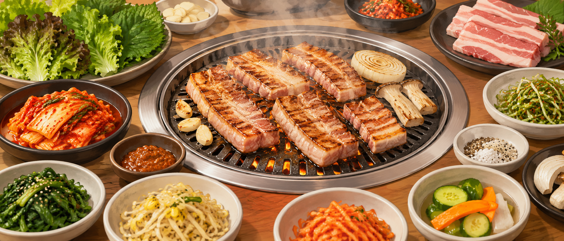 焼いた豚肉と葉野菜、小鉢を並べた韓国焼肉の食卓（AI生成）