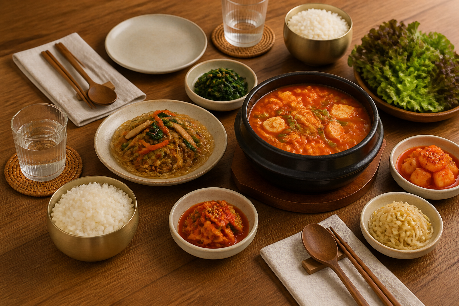 煮込み料理とチャプチェ、白米、小鉢を並べた韓国料理の食卓（AI生成）