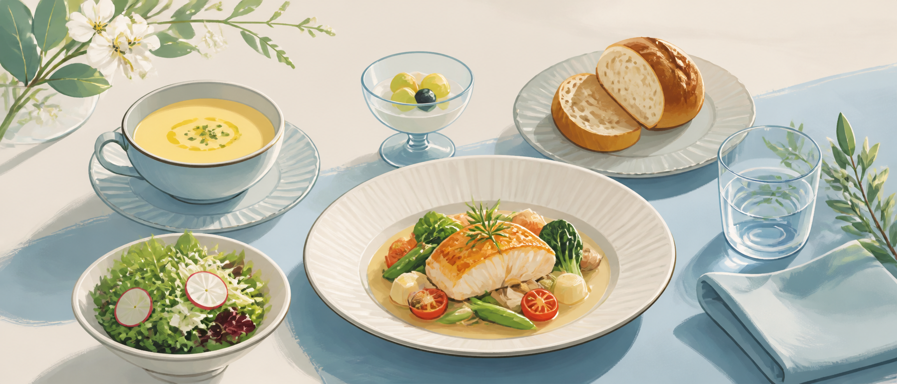 長崎での充実したランチタイムを過ごすテーブルと料理