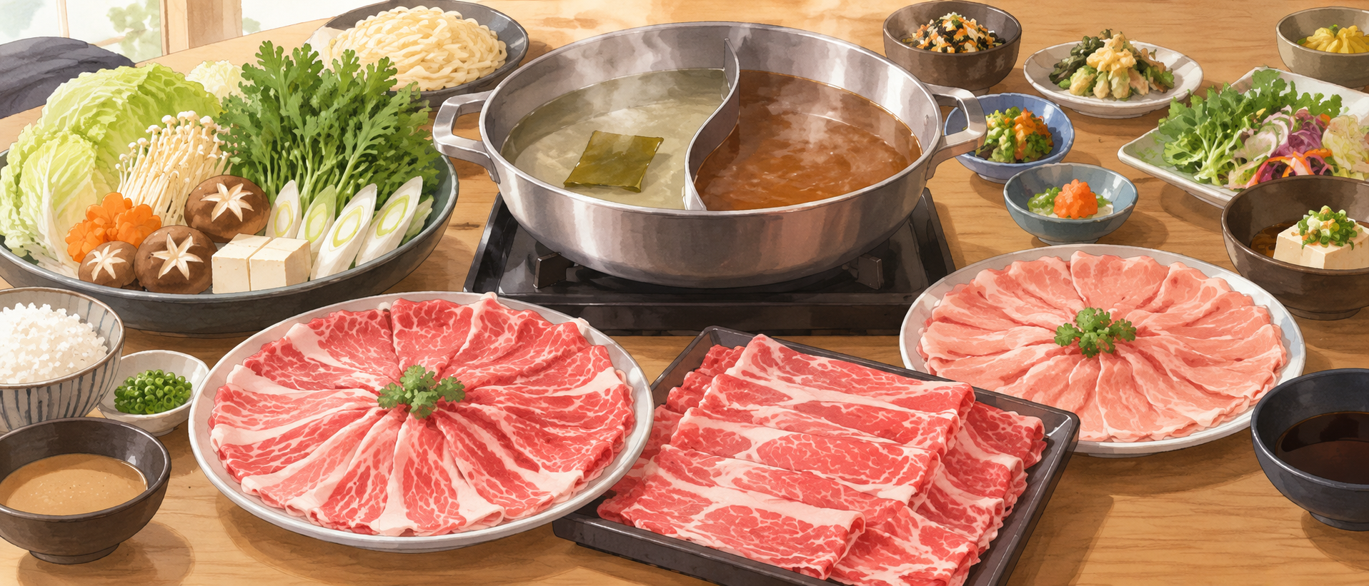 二色鍋、薄切り肉、野菜や一品料理を並べた食卓の汎用イラスト（AI生成）