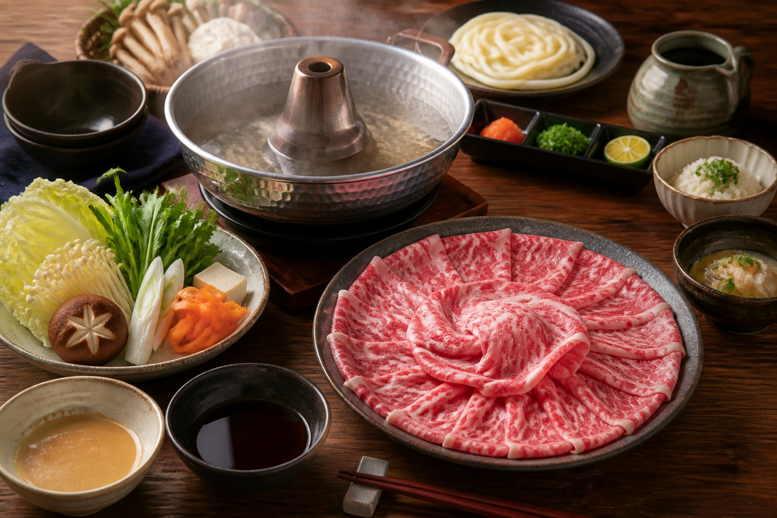 しゃぶしゃぶ鍋と薄切り肉、野菜やうどんを並べた食卓の汎用イメージ(AI生成)