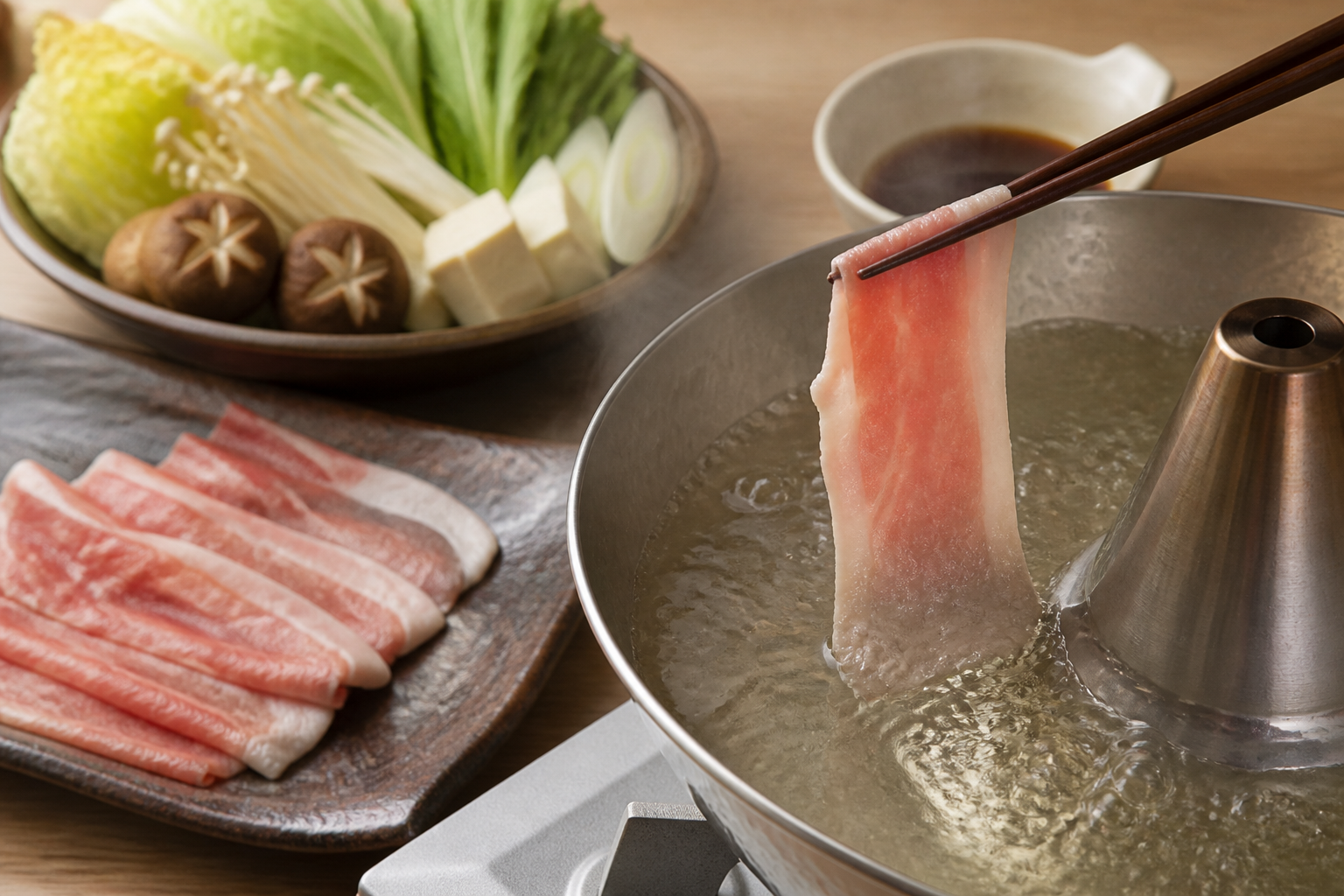 薄切り肉を箸で鍋の出汁にくぐらせる汎用イメージ（AI生成）