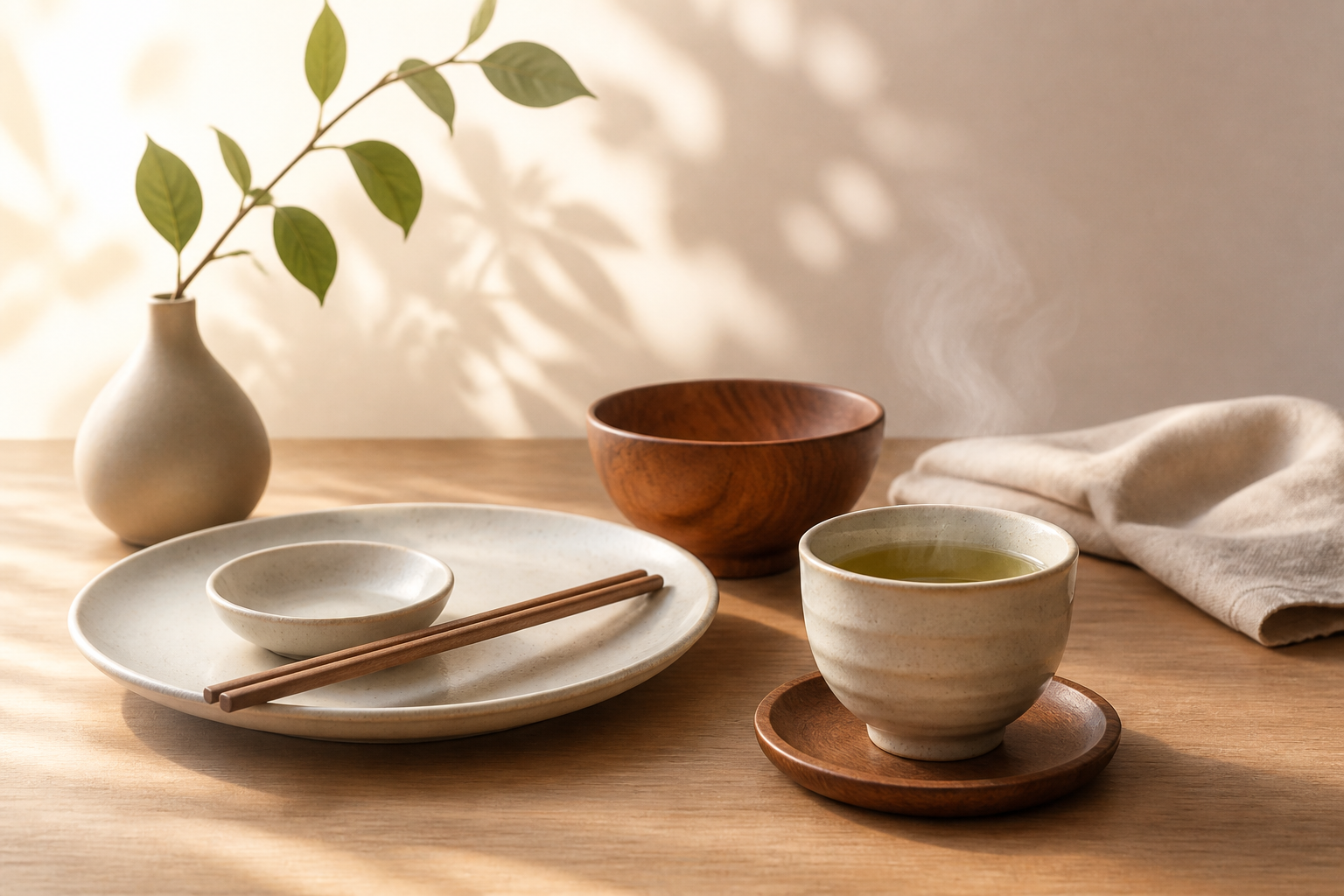 食後の皿・箸・湯呑みと布を並べた汎用イメージ（AI生成）