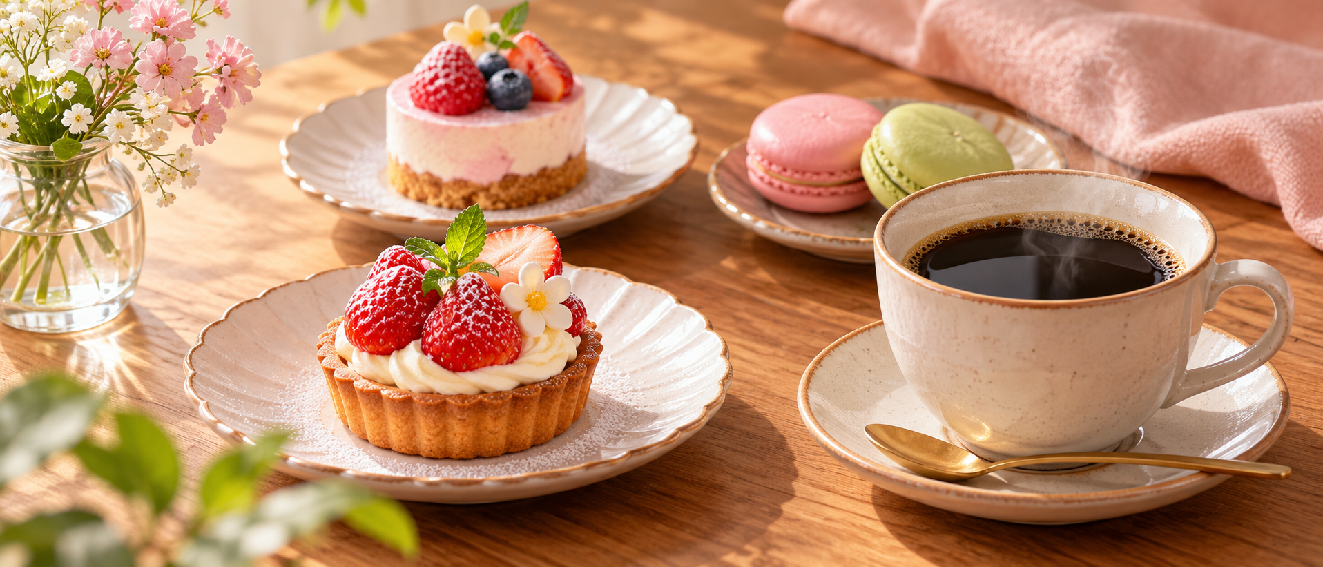 食後のコーヒーと可愛らしいスイーツが並んだテーブルで、リラックスした時間を過ごす風景